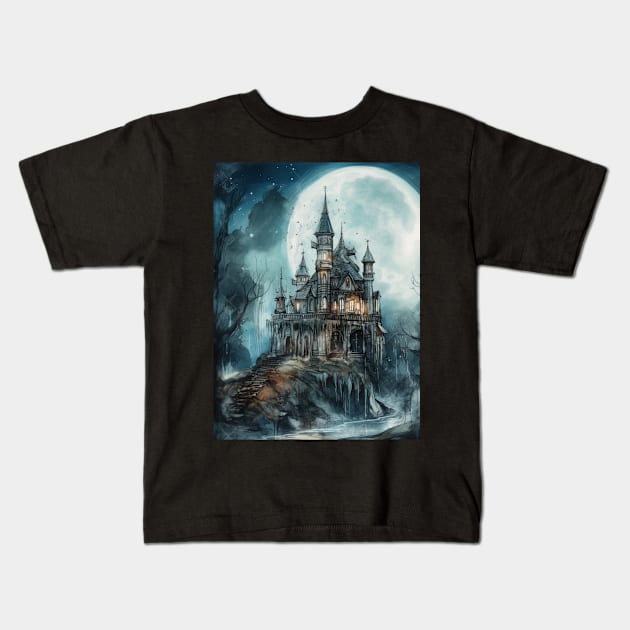 Gothic Futurism Castle in the Old Ancient Forest Kids T-Shirt by podartist